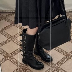 牛皮版~2025年新款小众设计圆头排扣长筒靴女百搭真皮粗跟直筒靴