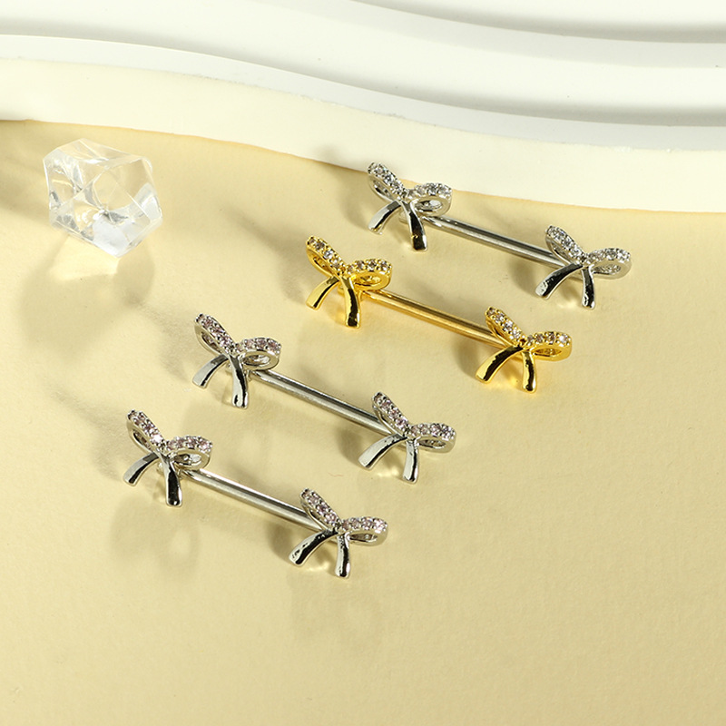 Cute Pink 16G Stainless Steel Bow Zircon Nipple Ring Exquisite Nipple Jewelry Pair detail image 6