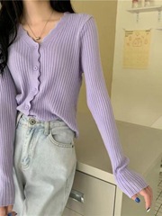 温柔风薄款V领长袖针织开衫女秋新款外搭花边毛衣外套短款上衣