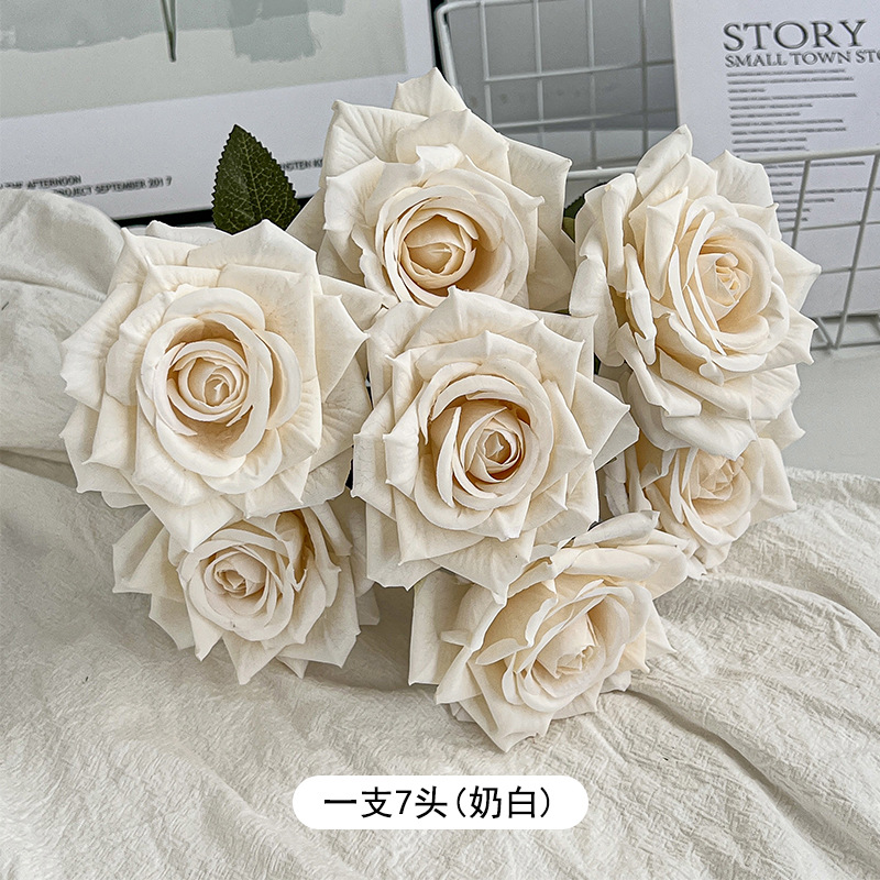 7 cabezas capuchino en relieve ramo de rosas flores artificiales boda decoración de coche flores falsas ramo de flores secas sentido de alta gama