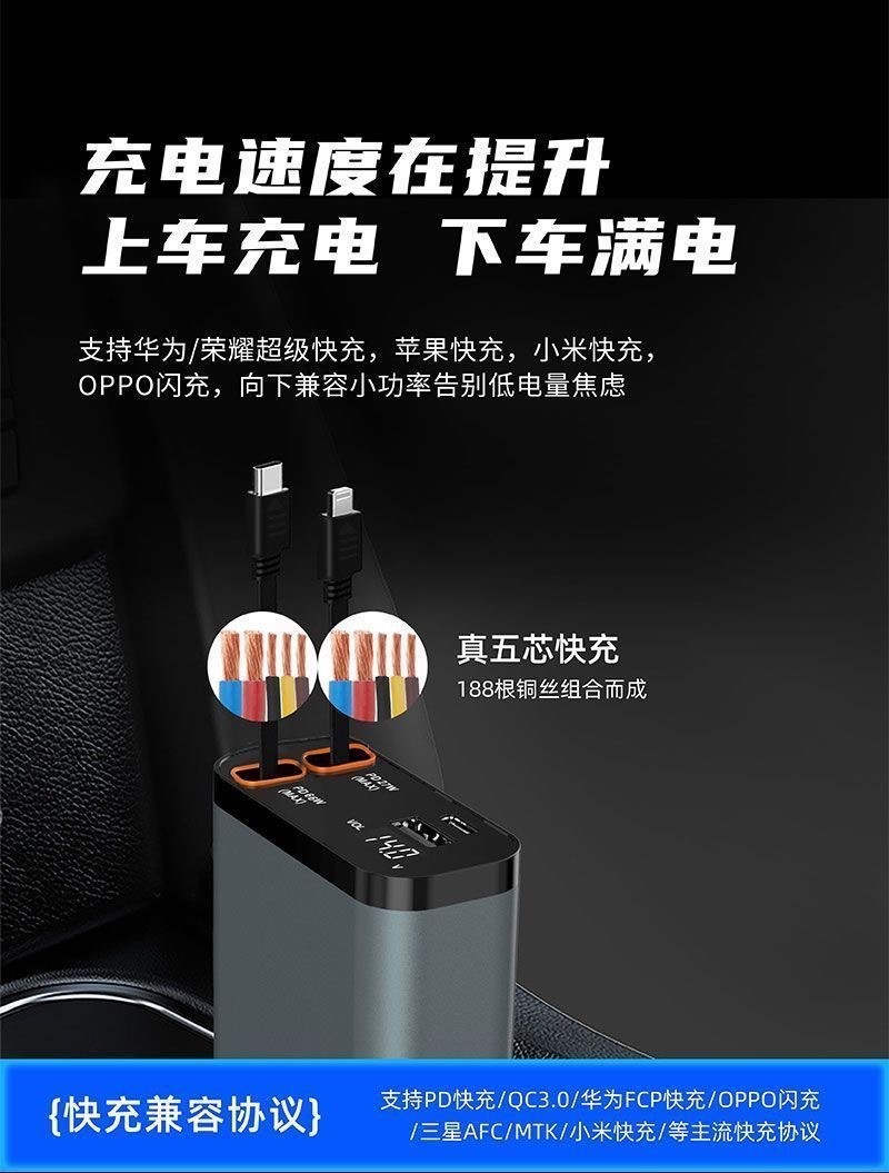 Digital Display Car Charger Retractable Cable PD Fast Charging