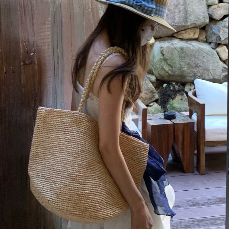 High-End Handmade Raffia Bag for Women, Summer Large-Capacity Tote Bag, French-Style Lazy Style Shoulder Bag, Handbag