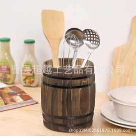 北欧风复古酒桶造型厨房用具收纳罐烧色烹饪工具收纳盒厨房桌面