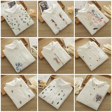 双层棉纱长袖衬衫女宽松百搭文艺绣花秋装柔软全棉长袖打底衬衣