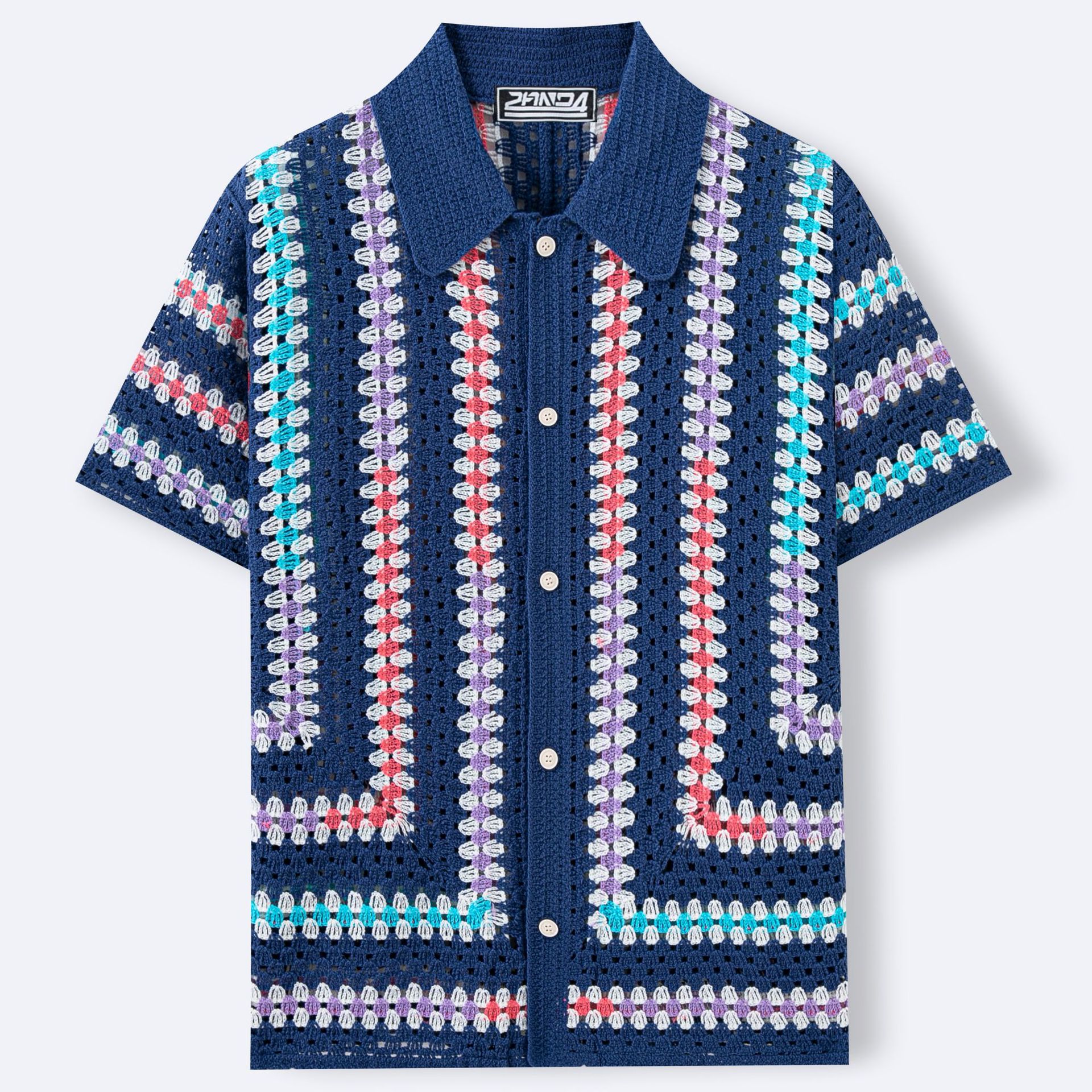 Cross-Border Fashion European And American New Water-Soluble Knitwear Men's Hollow Out Cardigan Short Sleeve Turn-Down_voghion.com
