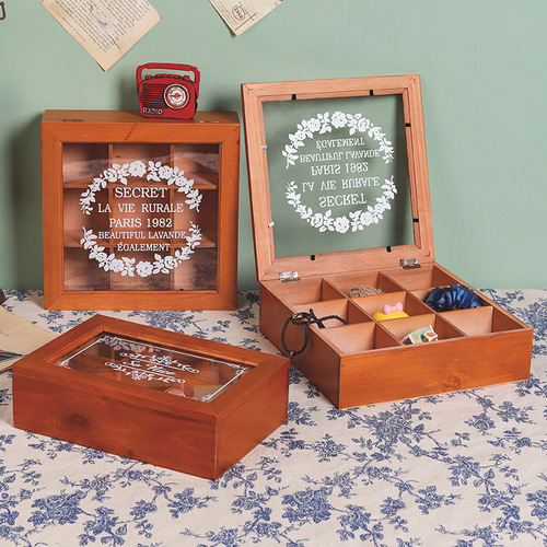 Zakka Retro Lided Wooden Box General Merchandise Dustproof Storage Box Action Figure Jewelry Display Cabinet Cosmetics Divided Trays