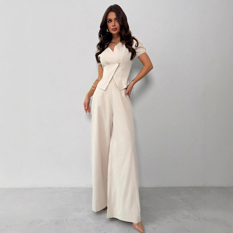 European and American Foreign Trade Independent Station New Holiday Office Commuting Women's Asymmetric Shirt Wide-Leg Pants Two-Piece Suit