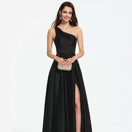 黑色单肩晚礼服裙女宴会气质高端名媛高贵优雅女王设计感小众轻奢