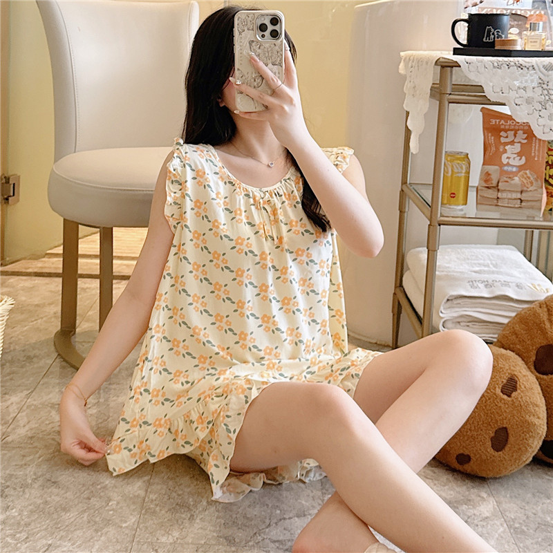 人造棉睡衣女春夏季棉绸印花家居服甜美可爱可外穿格纹无袖套装|undefined