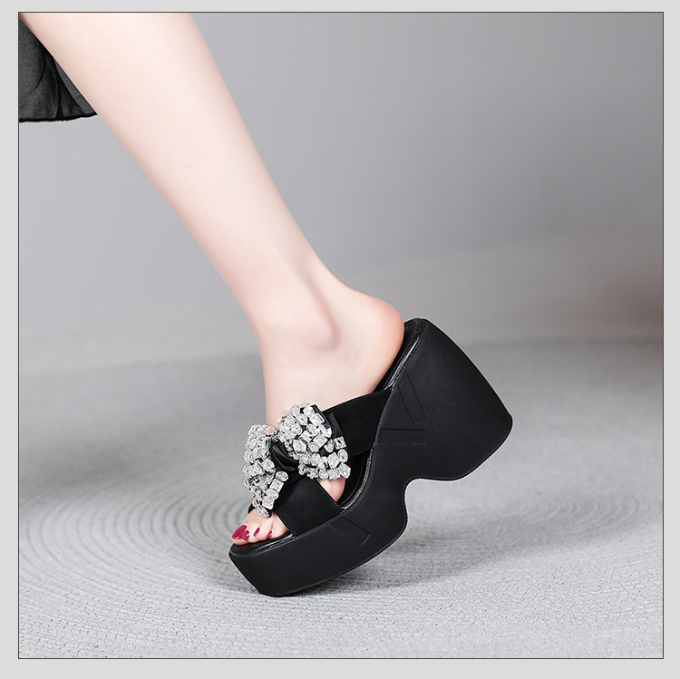 Sandal cao gót nữ đính đá hở mũi quai chéo nơ bướm đế dày — màu đen chi tiết 6