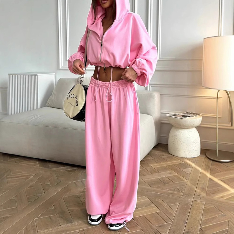 Cross-Border Amazon European and American Casual Suit for Women, Solid Color Long-Sleeved Tie-Waist Hooded Cardigan and Elastic Pants Two-Piece Set