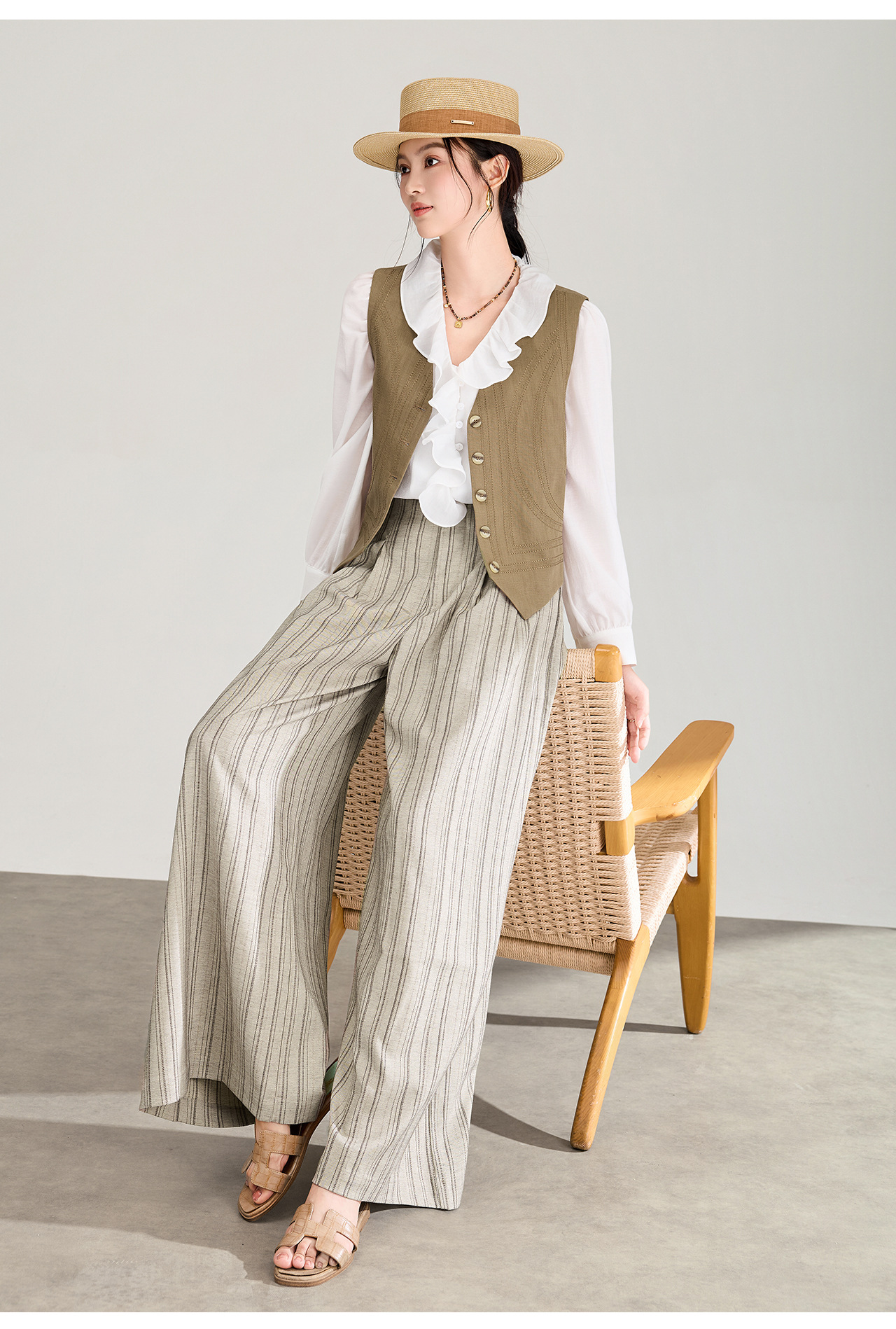 Áo khoác gile không tay cổ chữ V phối lớp phong cách cổ điển chất liệu vải lanh pha sợi Tencel — Màu cà phê chi tiết 22