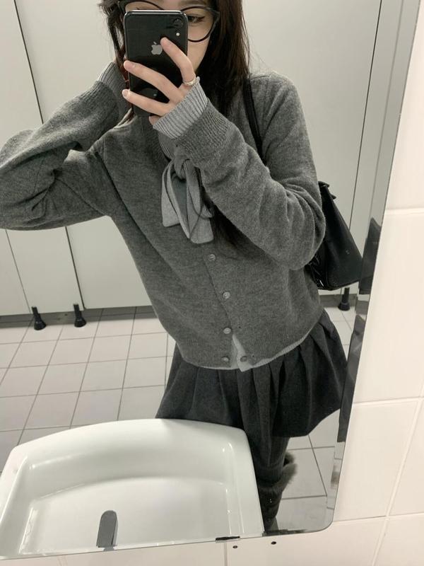 灰色穿搭假两件蝴蝶结针织衫上衣女开衫秋冬新款高级感毛衣外套|undefined
