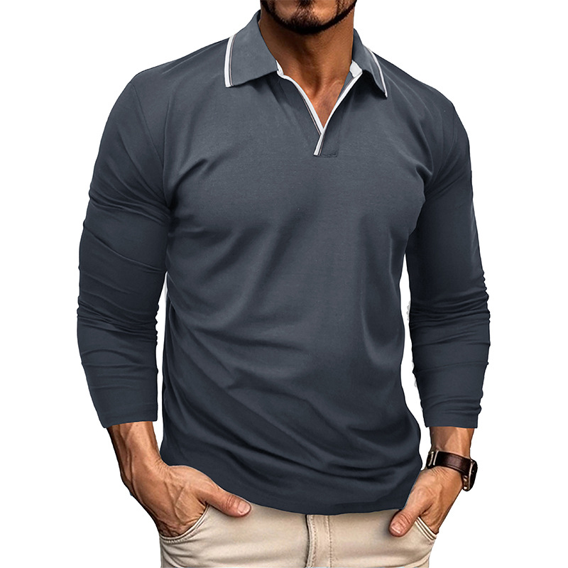 Nueva camisa de polo de color sólido con cuello en V de comercio exterior Camisa de manga larga para hombre Camiseta de solapa de tamaño europeo y americano transfronterizo 2023 Otoño e Invierno