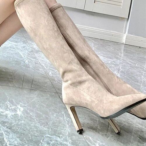 Skin-looking suede boots, elastic slim boots, high heels, apricot pointed boots, thick heels, women's winter