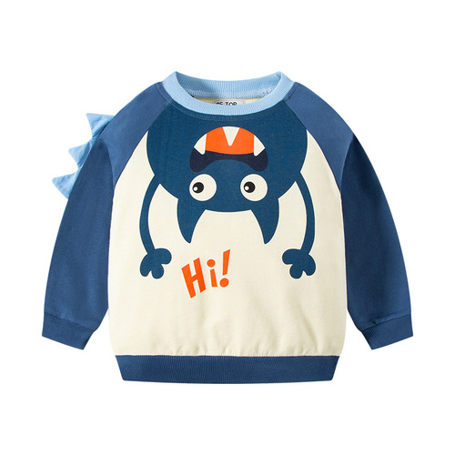 2025 Autumn New Be Top Children's Cartoon 3D Dinosaur Boys' Sweatshirt Pure Cotton Crew Neck Knit Top