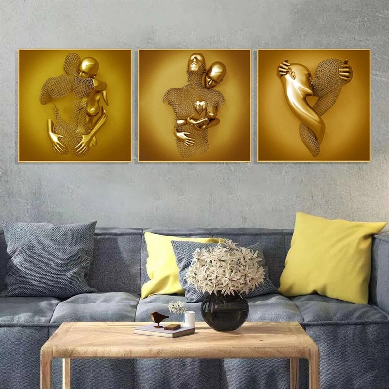 Golden Metal Figure Statue Hug Art Poster Home Decoration High-Definition Inkjet Frameless Canvas Painting Core