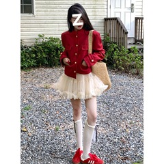 法式红色巨好看短款外套女2025年早秋季新款感小香风立领休闲开衫