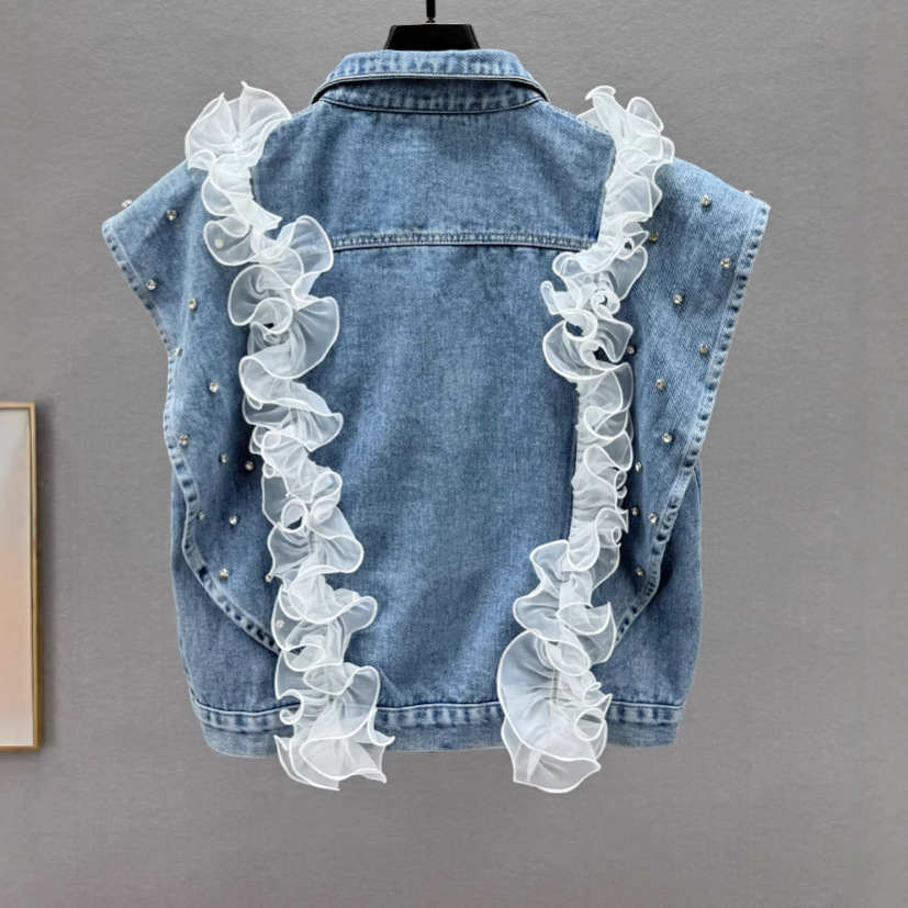 Europa diamante chaleco denim mujer primavera 2025 nuevo suelto delgado sin mangas chaleco de hombro chaqueta marca de moda