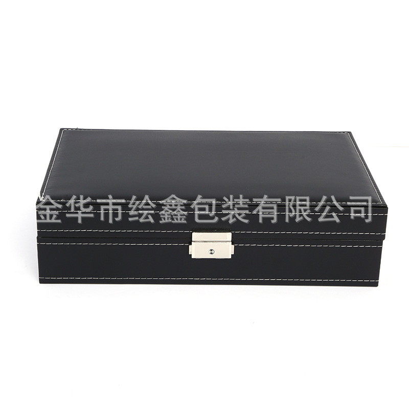 En stock al por mayor de cuero negro reloj joyería caja collar anillo con espejo cosmético joyería caja de almacenamiento caja de reloj