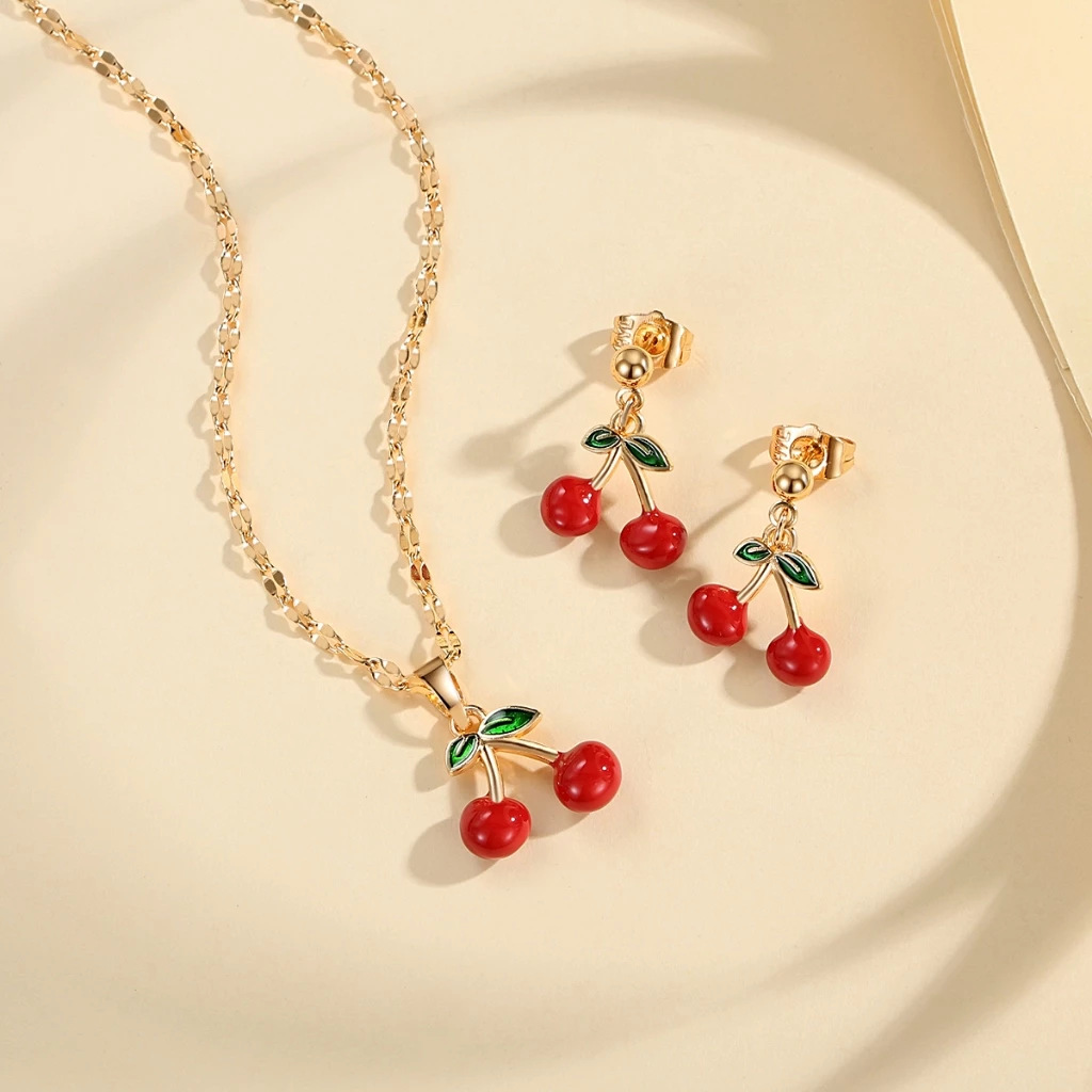 Frutas transfronterizas series colgante de cereza roja pendientes de orejas de oro para mujeres goteo de aceite o conjunto de joyas de cadena