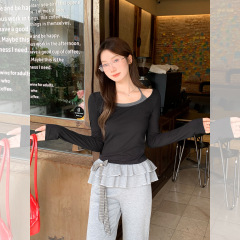 假两件双层领拼接撞色长袖T恤女2025早秋新款绑带挂脖纯欲风上衣