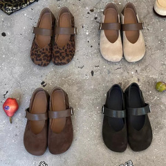 复古豹纹勃肯鞋女浅口芒果头单鞋女一字扣玛丽珍豆豆鞋芭蕾鞋秋季