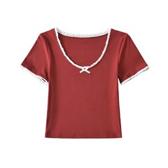 Euro-American Sweet & Spicy Girl Summer Bow-Knot Top | Sweet-Girl Lace Cropped Slim Fit T-Shirt | Short Base Layer Shirt