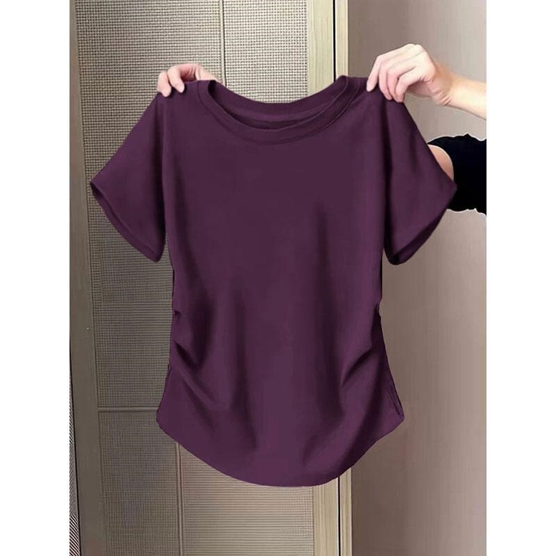Solid Color Short-Sleeved T-Shirt, Summer Slim-Fit, Waist-Cinching, Unique Niche Round-Neck Top, Fashionable New Style, Stylish and Versatile Solid Color Short-Sleeved T-Shirt, Summer Slim-Fit, Waist-Cinching, Unique Niche Round-Neck Top, Fashionable New Style, Stylish and Versatile