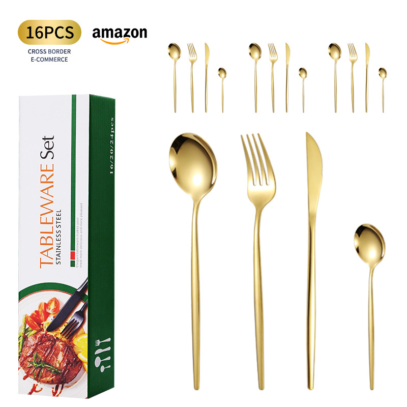 Vajilla de acero inoxidable transfronterizo Amazon 16 piezas conjunto tenedor y cuchara comida occidental Portugal cuatro piezas conjunto cuchillo, tenedor y cuchara traje regalo