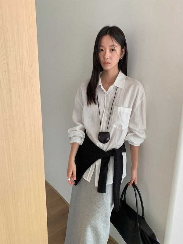 TG 通勤基础款亚麻衬衫女2025早秋新款翻领系扣宽松开衫上衣25599|undefined