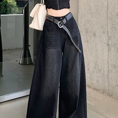 2025小个子秋季女垂感黑色牛仔裤复古毛边阔腿裤拖地长裤高腰显瘦