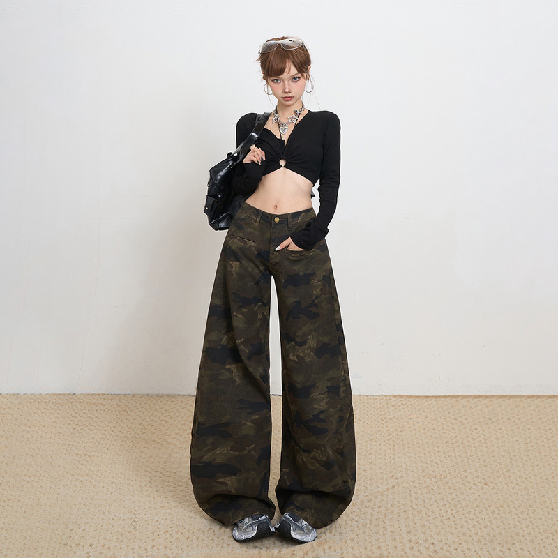 American High Street Camouflage Scimitar Jeans for Women, 2025 Autumn New Style, Straight Loose High-Waisted Slimming Wide-Leg Pants American High Street Camouflage Scimitar Jeans for Women, 2025 Autumn New Style, Straight Loose High-Waisted Slimming Wide-Leg Pants