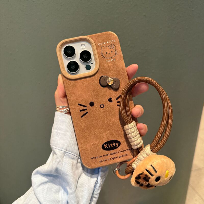 Autumn and Winter Brown Kt Cat Suitable for Apple 17Promax Mobile Phone Case Iphone15/14 Bow Leather Case 16Pro