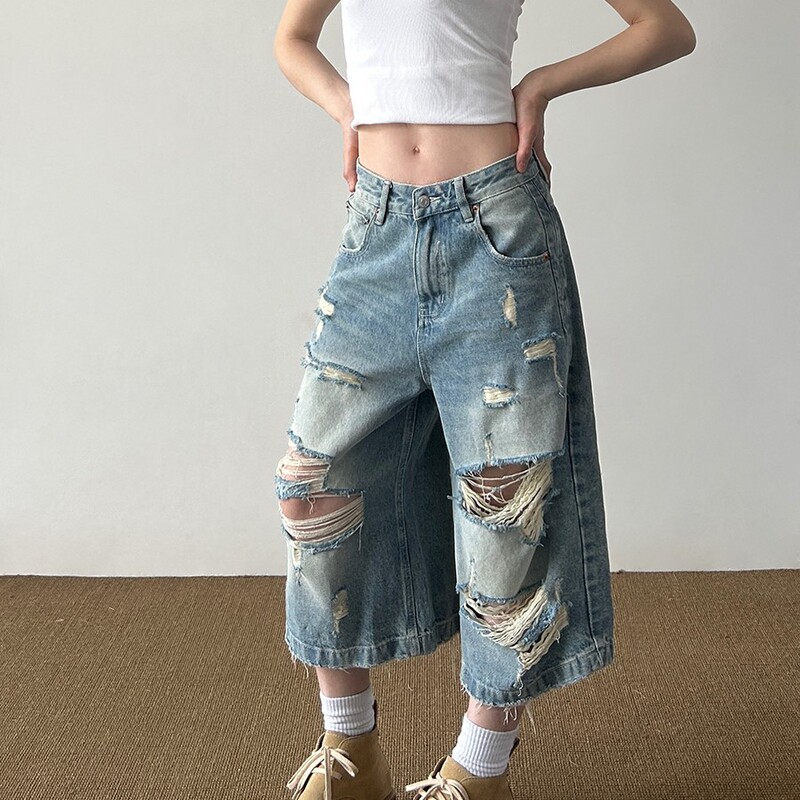 American Style Retro Old Washed Ripped Cat Whiskers Denim Cropped Pants Men's and Women's New Fashionable Brand Loose Design Sense Pants