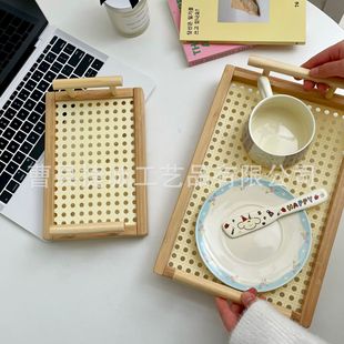 Medieval Style Wooden Retro Rattan Tray Rectangular Storage Snack Tea Tray Cup Storage Shelf Satchel Basket