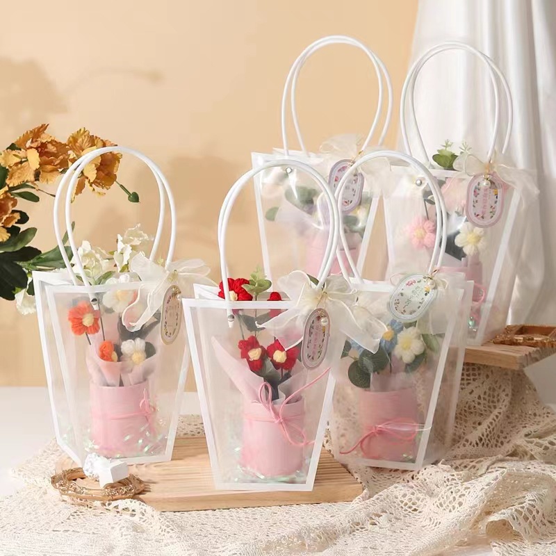 pp透明梯形防水手拎花盒 摆摊小礼物干花花袋 婚庆礼品手提袋批发
