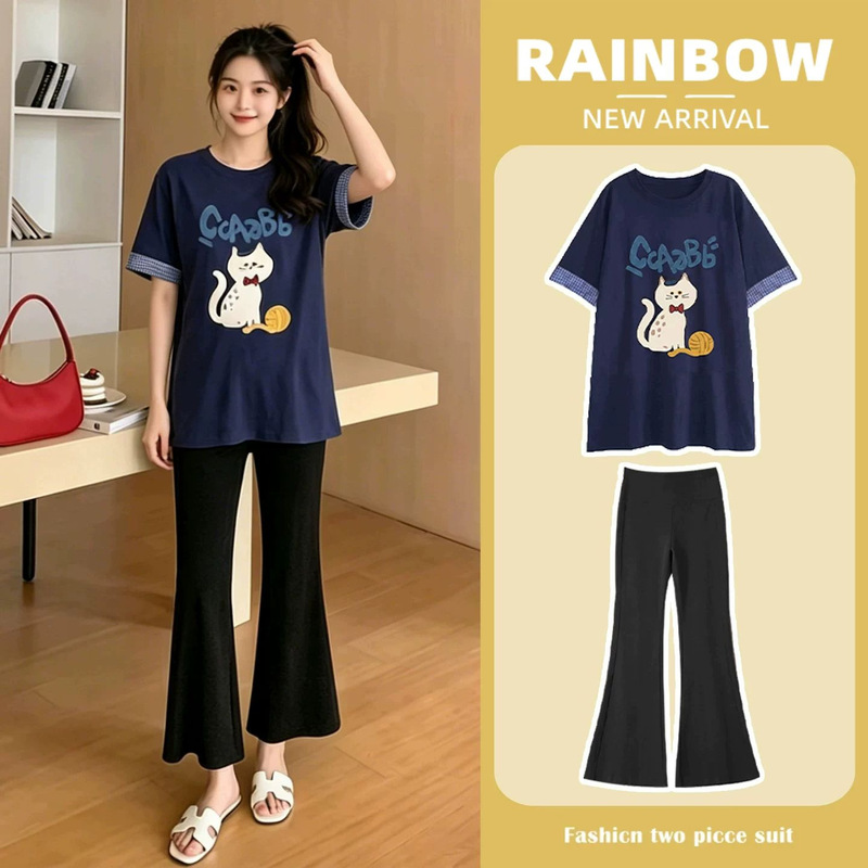 Maternity Short-Sleeve T-Shirt Set, Summer Thin Design, Blue Top, Flared Suit Pants, Outfit for Petite Sizes Maternity Short-Sleeve T-Shirt Set, Summer Thin Design, Blue Top, Flared Suit Pants, Outfit for Petite Sizes