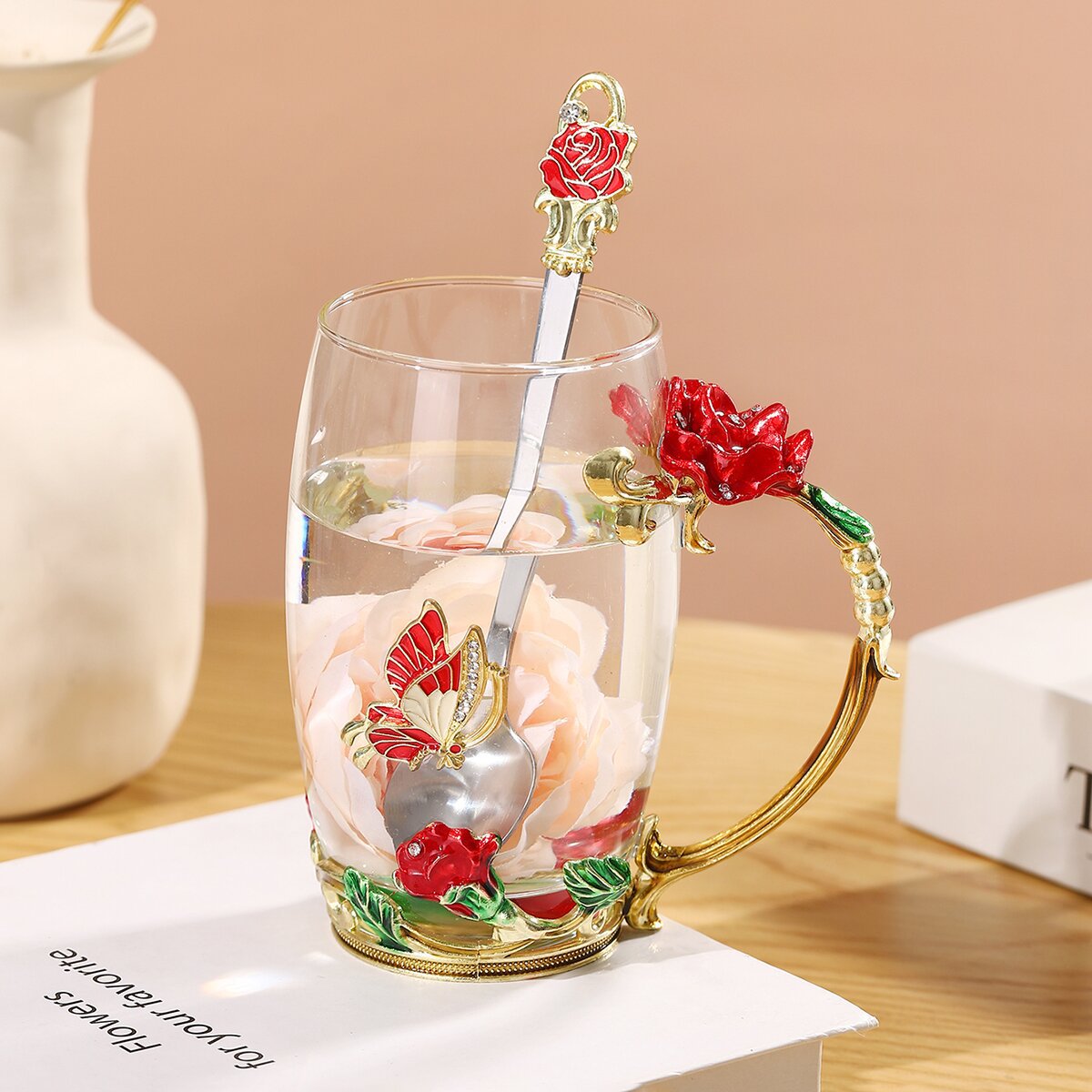 Taza de té con cubierta de flores creativa sala de estar taza de agua de desayuno de lujo taza de leche de esmalte de color taza de café de mujer taza de vidrio casero