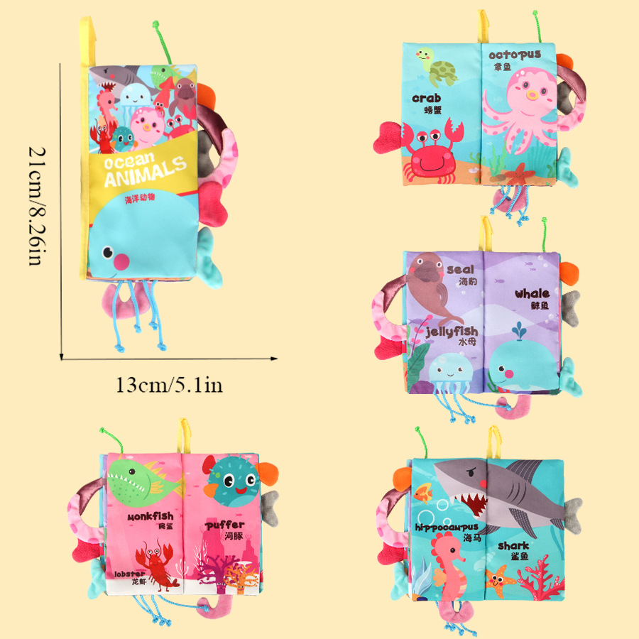 Libro de tela transfronterizo para bebés, educación temprana, con cola de animal tridimensional, masticable, resistente a desgarros, juguete calmante para bebés