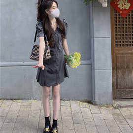 尺码气质文艺短袖西装洋装女2023年夏季韩版修身显瘦抽褶短裙潮