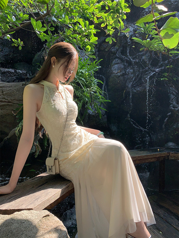 新中式国风EIA一尧【流仙裙】气质提花旗袍女春挂脖连衣裙两件套|undefined