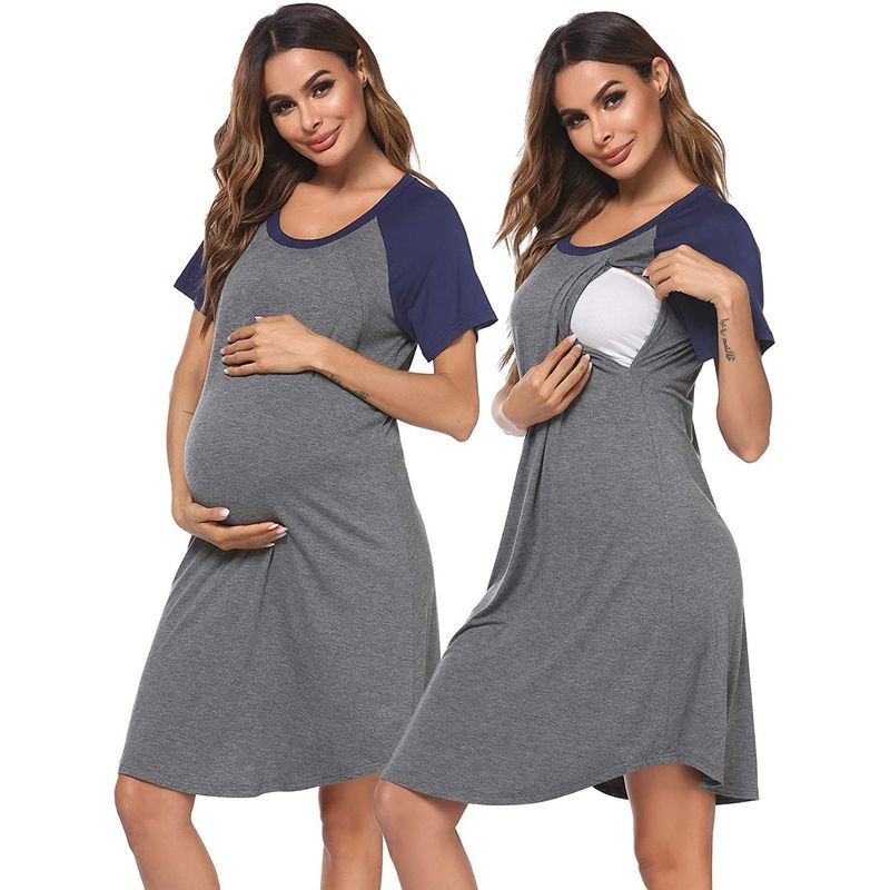 Maternity Wear Lip-Shaped Casual Elastic Comfortable Splicing Short-Sleeved Round Neck Expectant Mother Breastfeeding Short-Sleeved Dress Pajamas