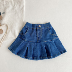 Girls' Denim Pleated Culottes Kids' Wear 2023 Summer Korean-style Elastic Skirt for Little Girls, Half-Length Skirt 52901