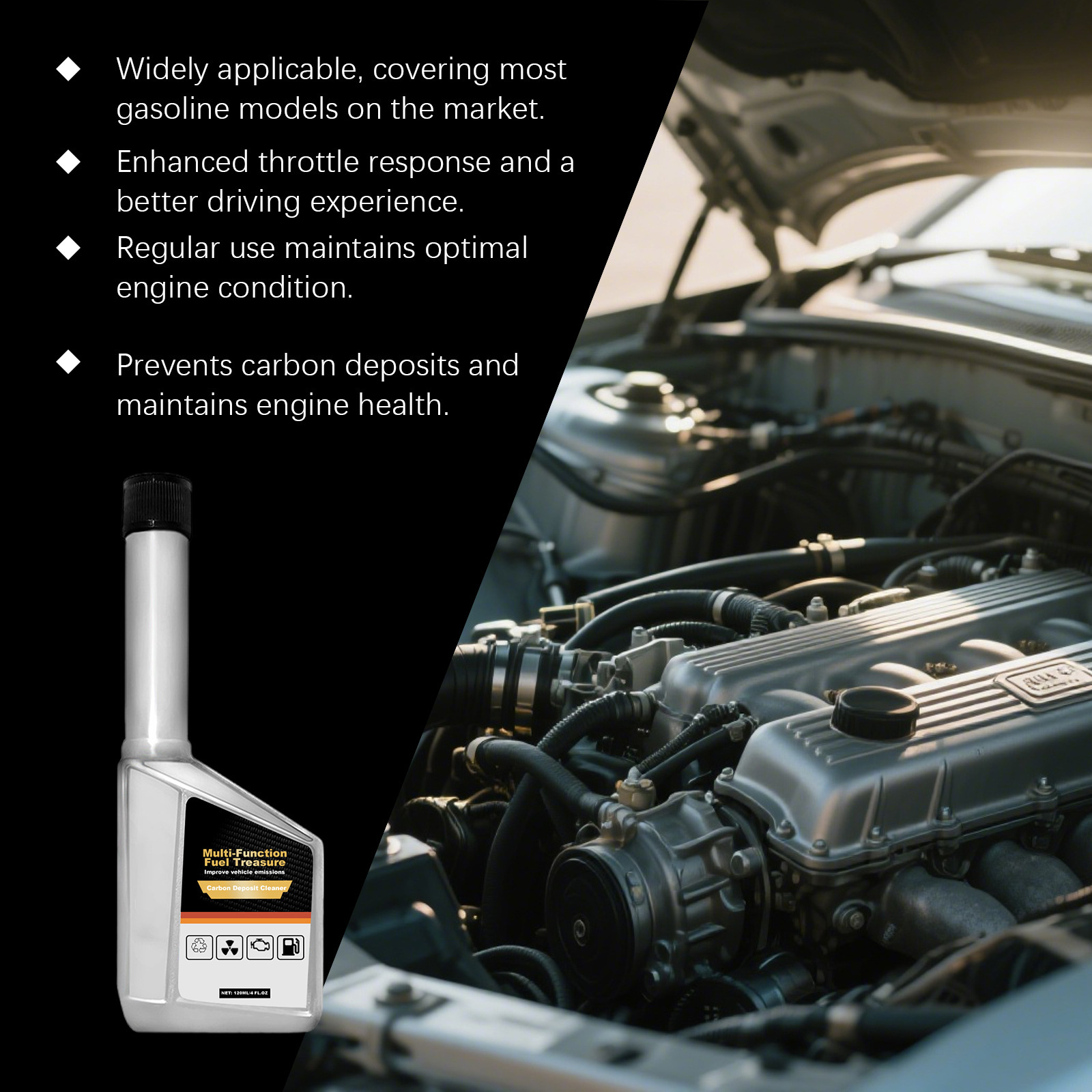 Gasoline fuel additives clean carbon deposits, reduce fuel consumption, protect car engine parts, and serve as a maintenance and cleaning agent
