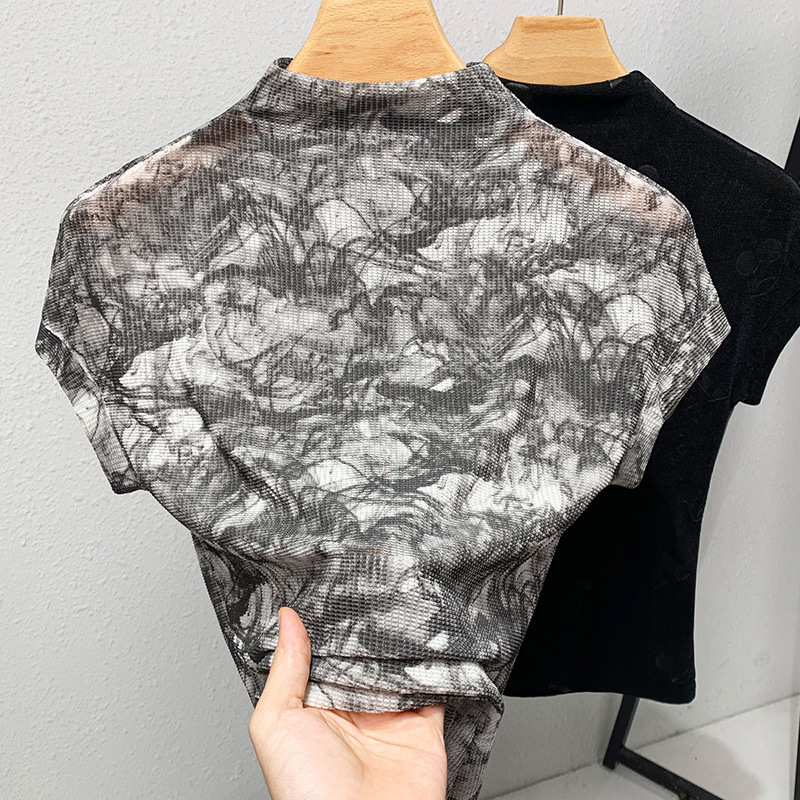 Camiseta de cuello alto de las mujeres 2023 nuevas mujeres europeas de malla impresa estilo occidental pequeña camisa elegante chaleco sin mangas image 7