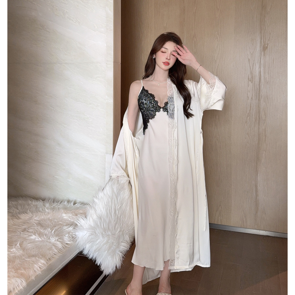 Live Hot Long Nightgown New Ice Silk Pajamas Women's Sexy Lace Belt Chest Pad [Back Lace]]
