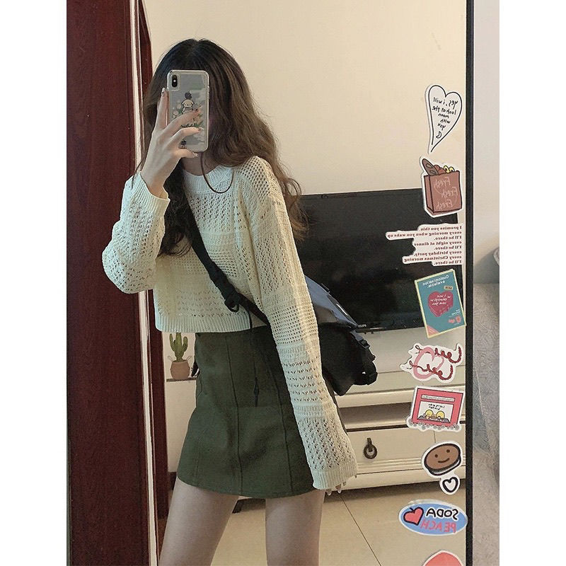 봄과 가을 소금 작은 하이 엔드 여성의 우아한 느슨한 니트 선 스크린 탑 짧은 치마 스파이스 걸스 올 매치 여성