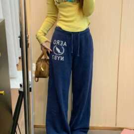 美式复古字母印花睡裤女秋日新款高腰显瘦直筒休闲居家长裤可出门