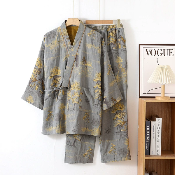 Yarn-dyed gray and blue landscape men's kimono long set